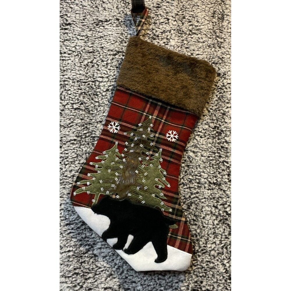 Black Bear Christmas Tree Stocking Red Plaid Country Rustic Cabin NEW 17.5”